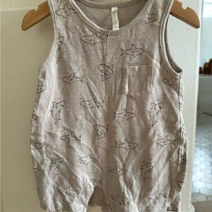Rylee + Cru Cream Short Sleeve Tank romper with Shark Print button bottom